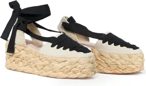 JORISTIMO Women's Flatform Espadrille Sandals Closed Round Toe Lace Up Ribbon Strappy Sandal Adjustable Ankle Tie