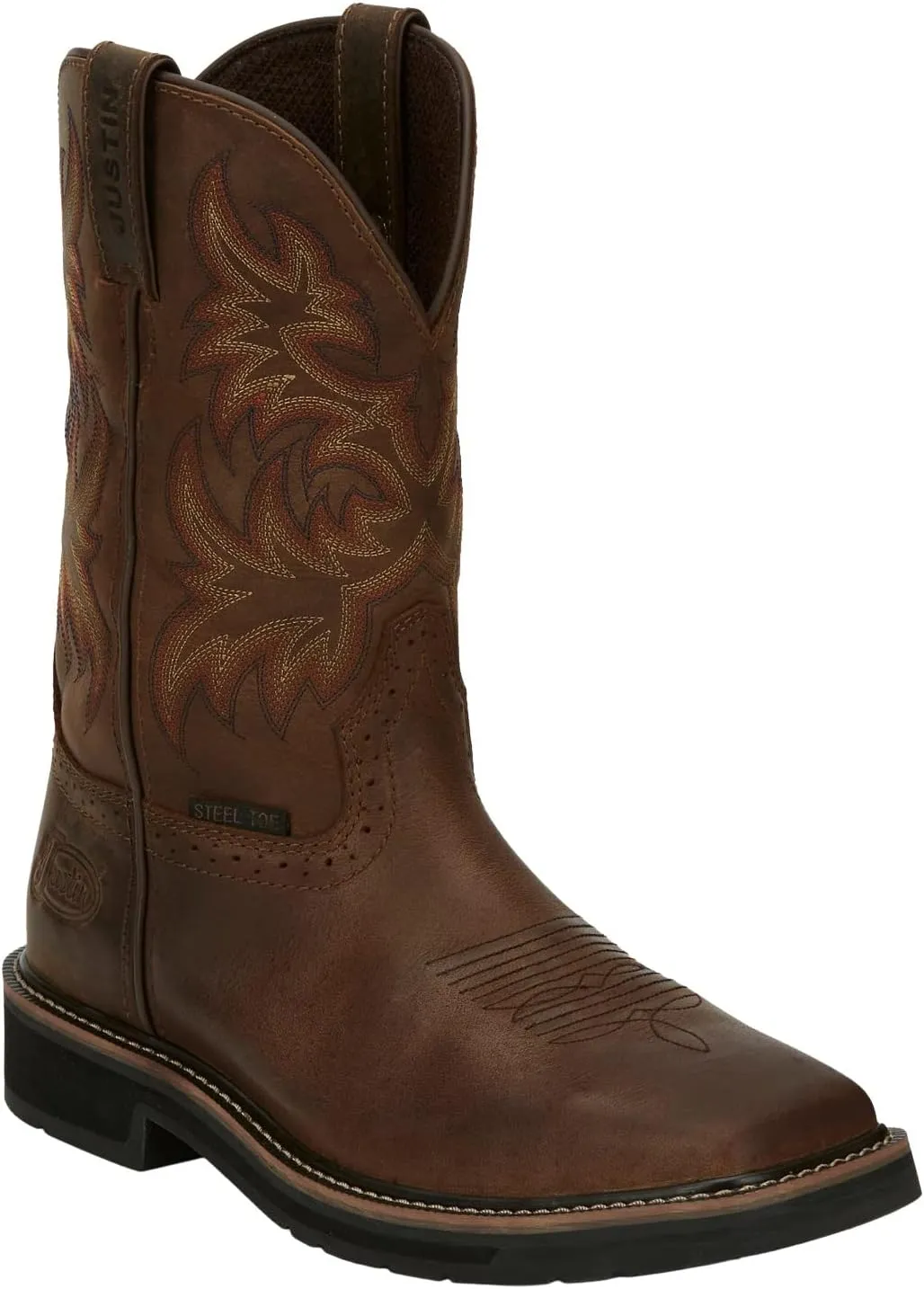 Justin Driller 11" Square Steel Toe Men's Boot, Durable Leather, Slip-Resistant, Comfort Cushioned Insole for Work Safety, Dark Brown - 11 D