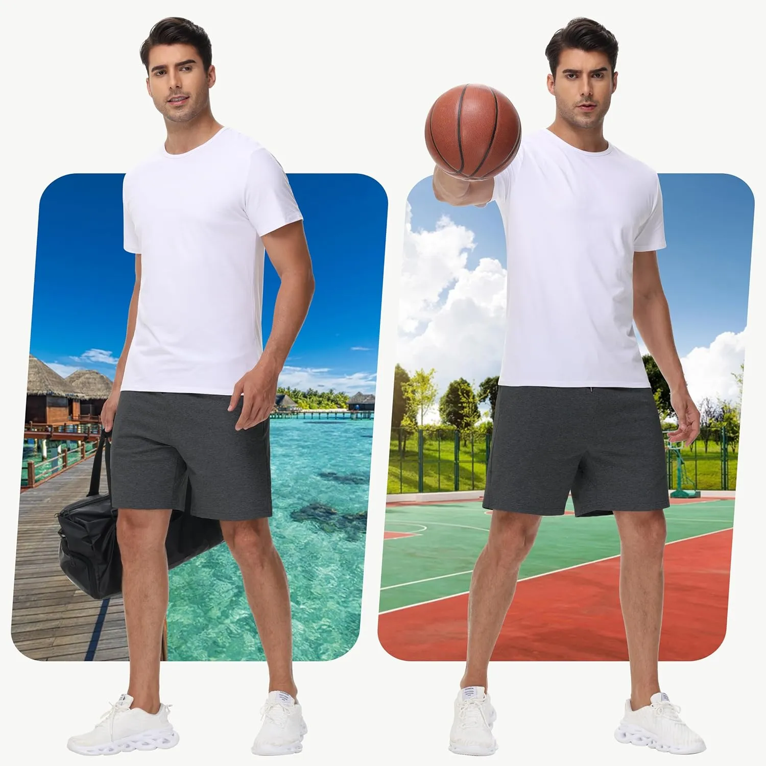 JWM Men's 7" Sweat Shorts - Cotton Above Knee Comfy Soft Casual Lounge Gym Workout Fleece Summer Shorts with Zipped Pockets
