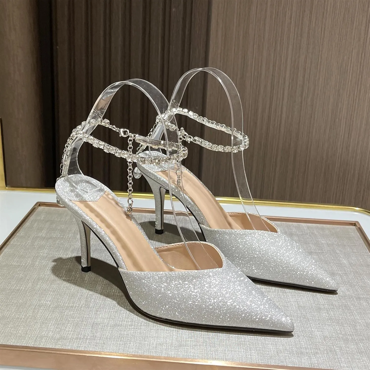 keleimusi Crystal-Embellished Ankle Strap Pumps Wedding Dress Stiletto Heels for Women
