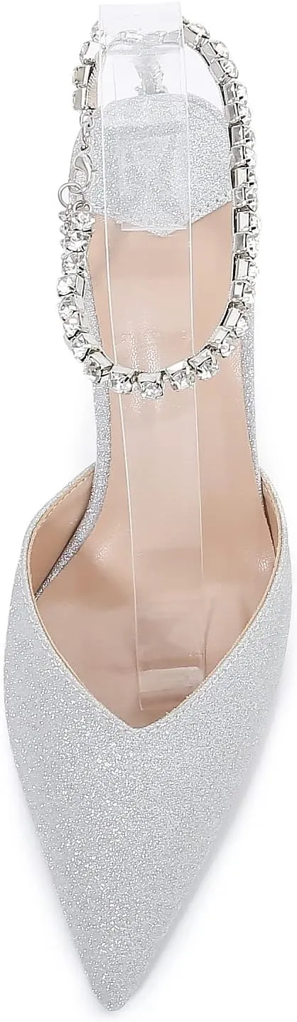 keleimusi Crystal-Embellished Ankle Strap Pumps Wedding Dress Stiletto Heels for Women