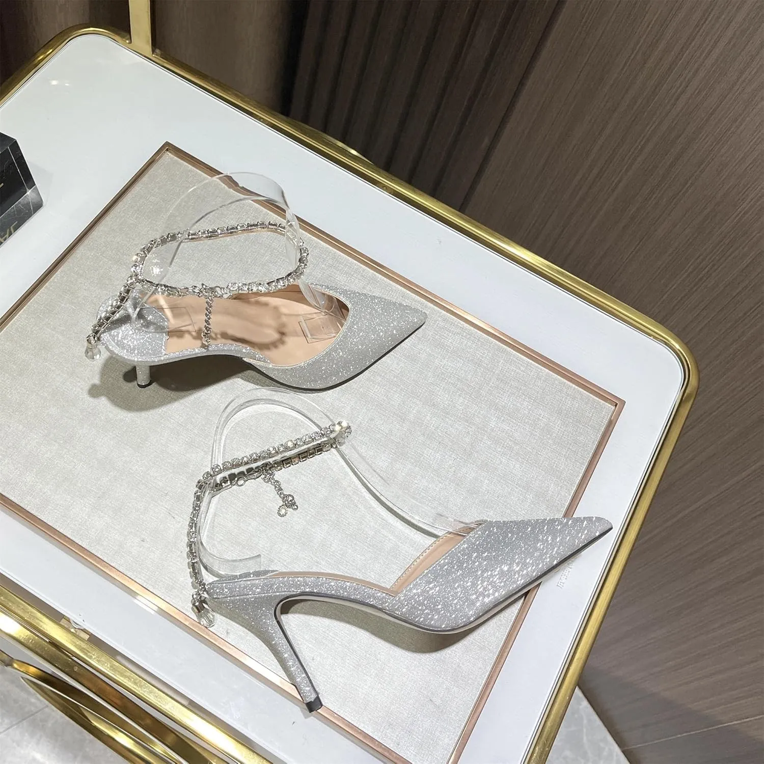 keleimusi Crystal-Embellished Ankle Strap Pumps Wedding Dress Stiletto Heels for Women