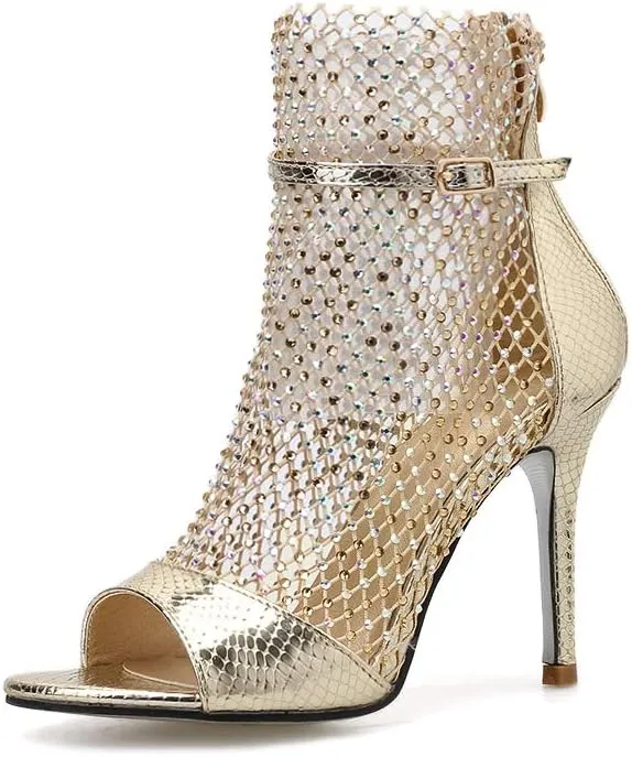 keleimusi Sexy Crystal Mesh Ankle Boots Peep Toe Metallic Fishnet Sandals for Women