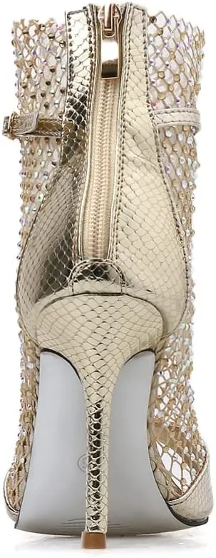 keleimusi Sexy Crystal Mesh Ankle Boots Peep Toe Metallic Fishnet Sandals for Women