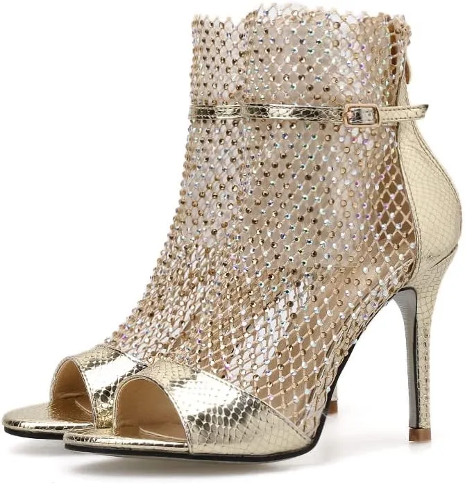 keleimusi Sexy Crystal Mesh Ankle Boots Peep Toe Metallic Fishnet Sandals for Women