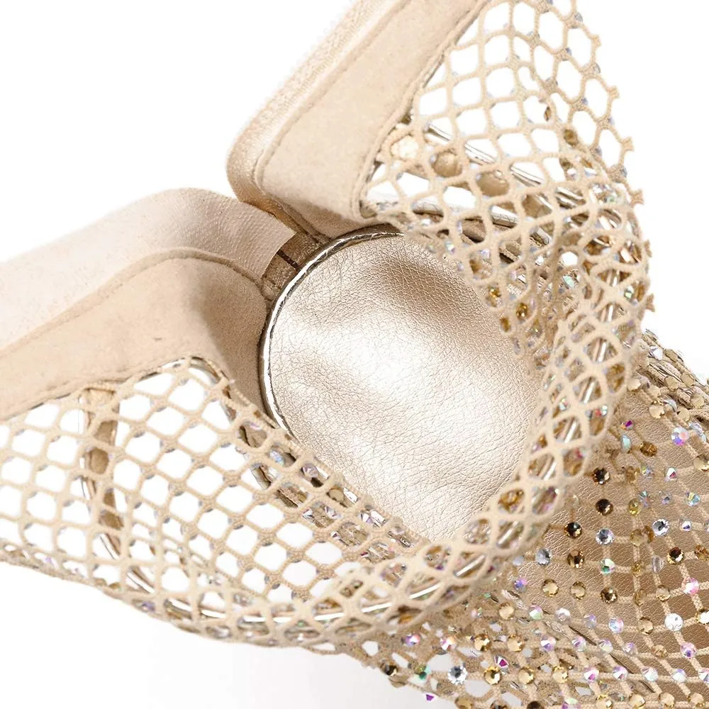 keleimusi Sexy Crystal Mesh Ankle Boots Peep Toe Metallic Fishnet Sandals for Women