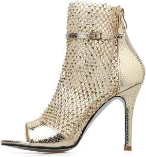 keleimusi Sexy Crystal Mesh Ankle Boots Peep Toe Metallic Fishnet Sandals for Women