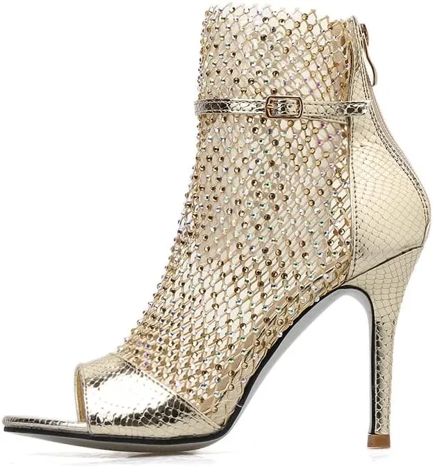 keleimusi Sexy Crystal Mesh Ankle Boots Peep Toe Metallic Fishnet Sandals for Women