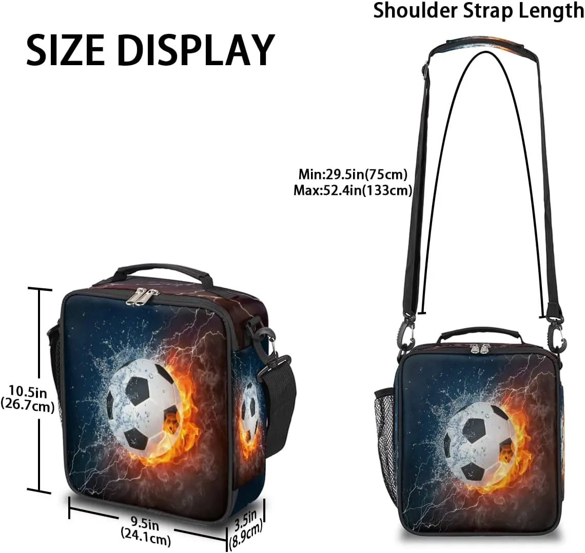 Kids Lunch Box for Boys Girls Lunch Bag Fire Water Soccer Football Kids Lunch Bags Insulated Meal Tote with Adjustable Shoulder Strap for School Picnic