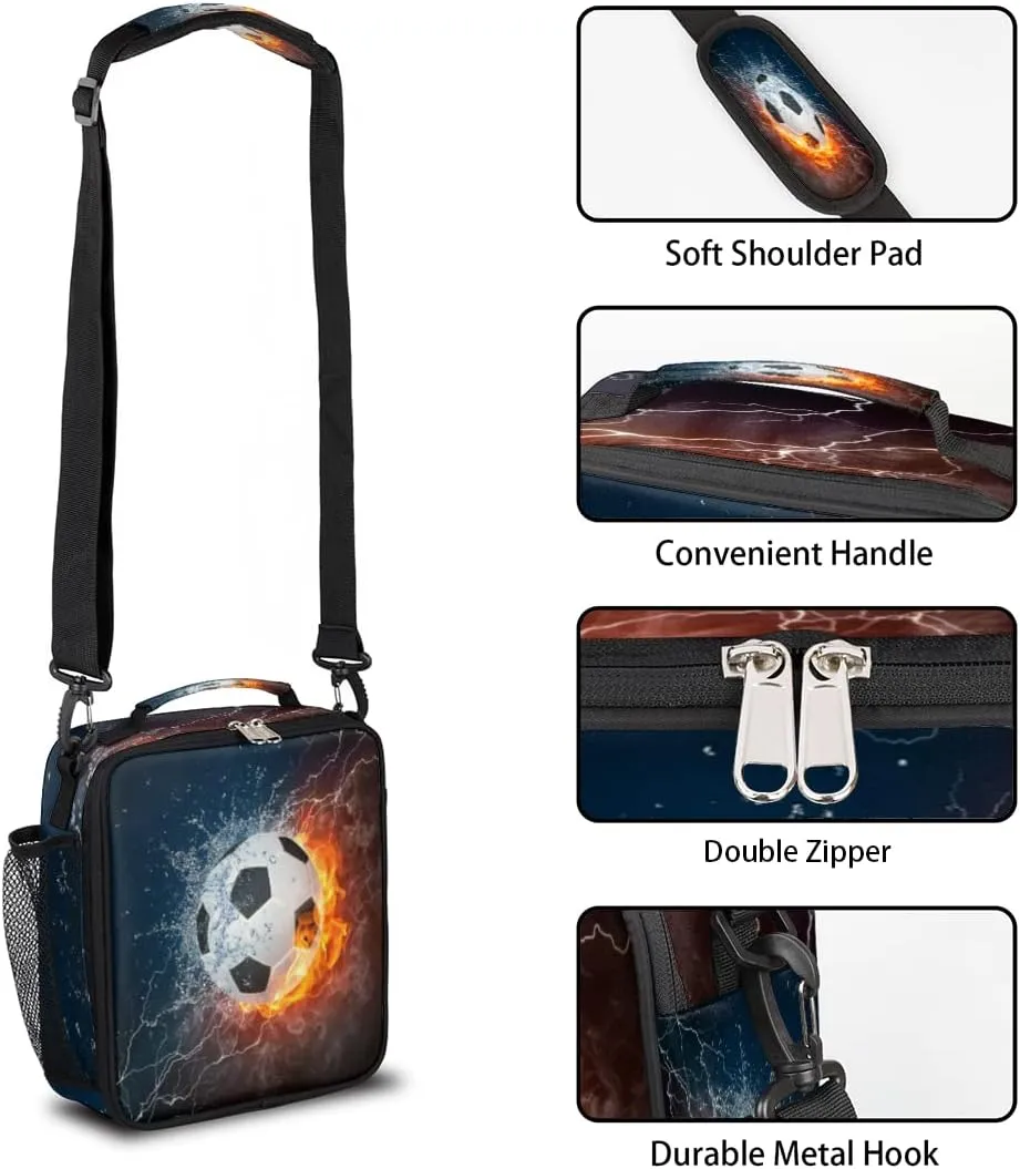 Kids Lunch Box for Boys Girls Lunch Bag Fire Water Soccer Football Kids Lunch Bags Insulated Meal Tote with Adjustable Shoulder Strap for School Picnic