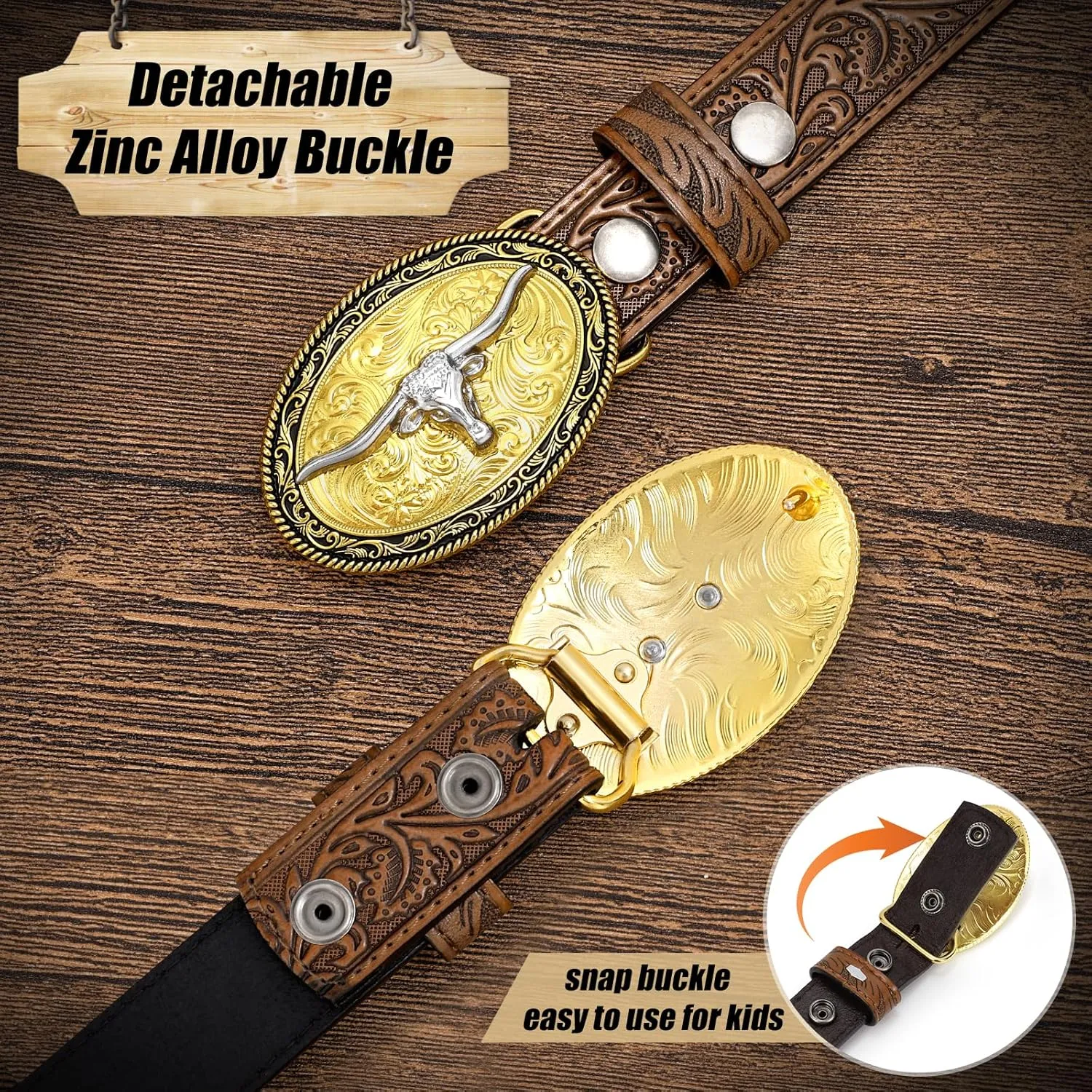 Kids Western Belt for Boys Girls, Embossed Genuine Leather Cowboy Cowgirl Belt for Jeans Pant Dresses Gift