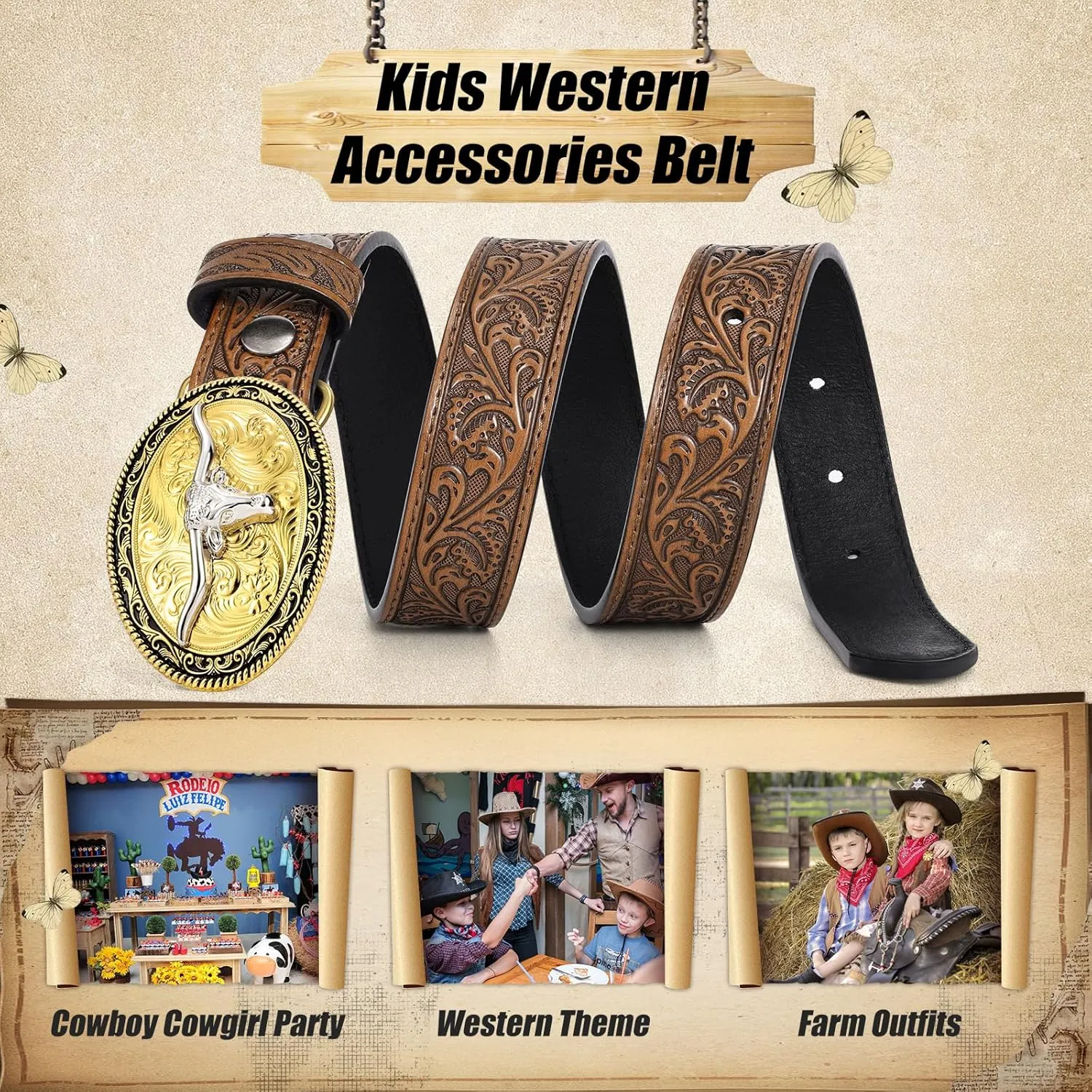 Kids Western Belt for Boys Girls, Embossed Genuine Leather Cowboy Cowgirl Belt for Jeans Pant Dresses Gift
