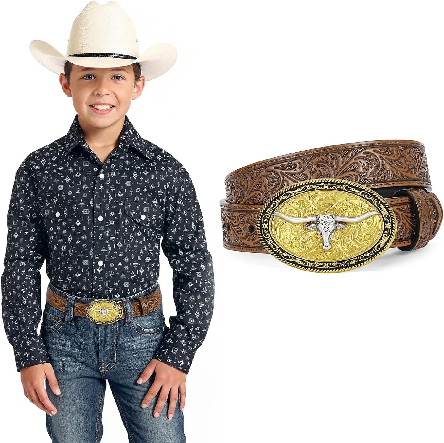 Kids Western Belt for Boys Girls, Embossed Genuine Leather Cowboy Cowgirl Belt for Jeans Pant Dresses Gift