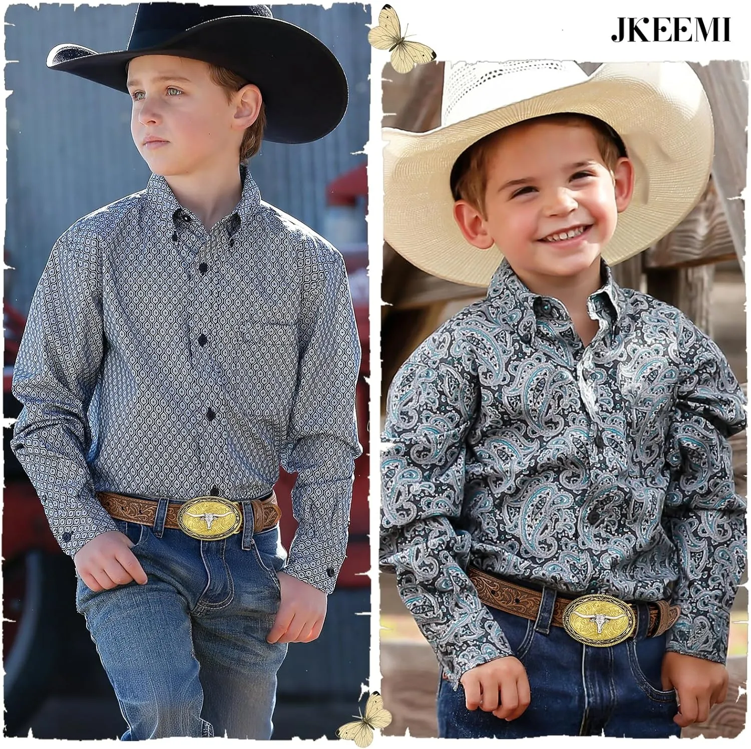 Kids Western Belt for Boys Girls, Embossed Genuine Leather Cowboy Cowgirl Belt for Jeans Pant Dresses Gift
