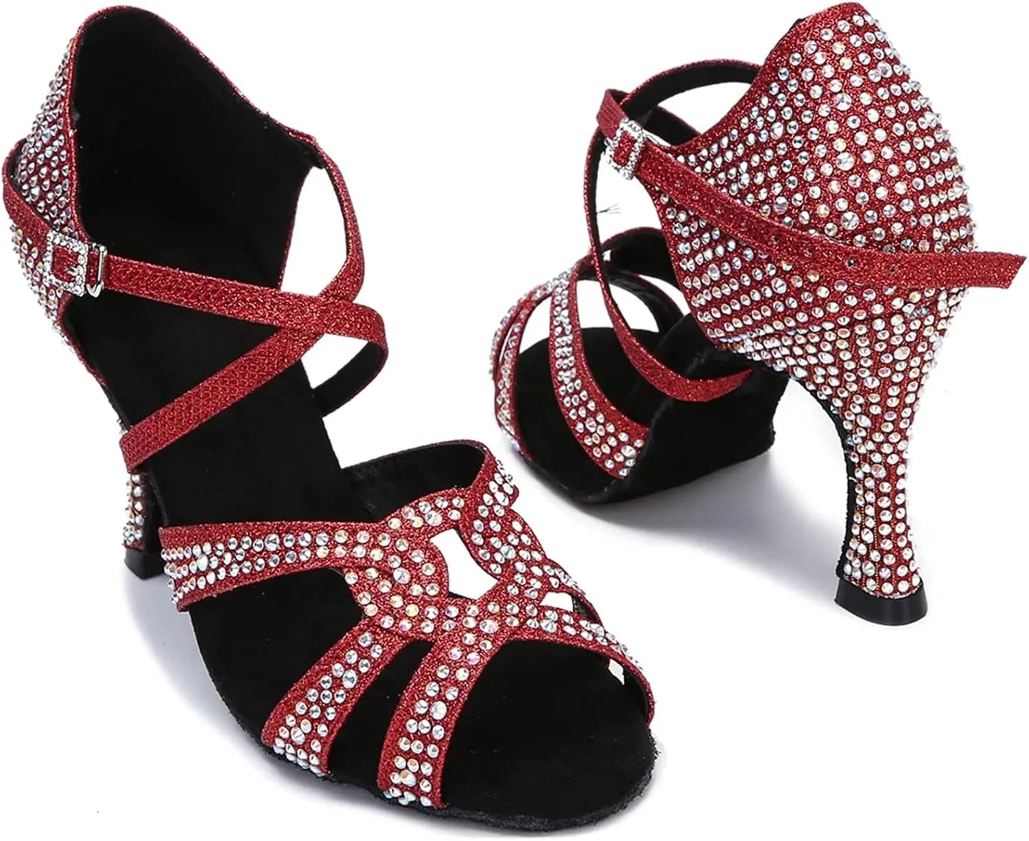 Ladies Crimson Velvet Party Heels - Rhinestone-Embellished Straps for Winter Weddings (7.5CM/2.95")