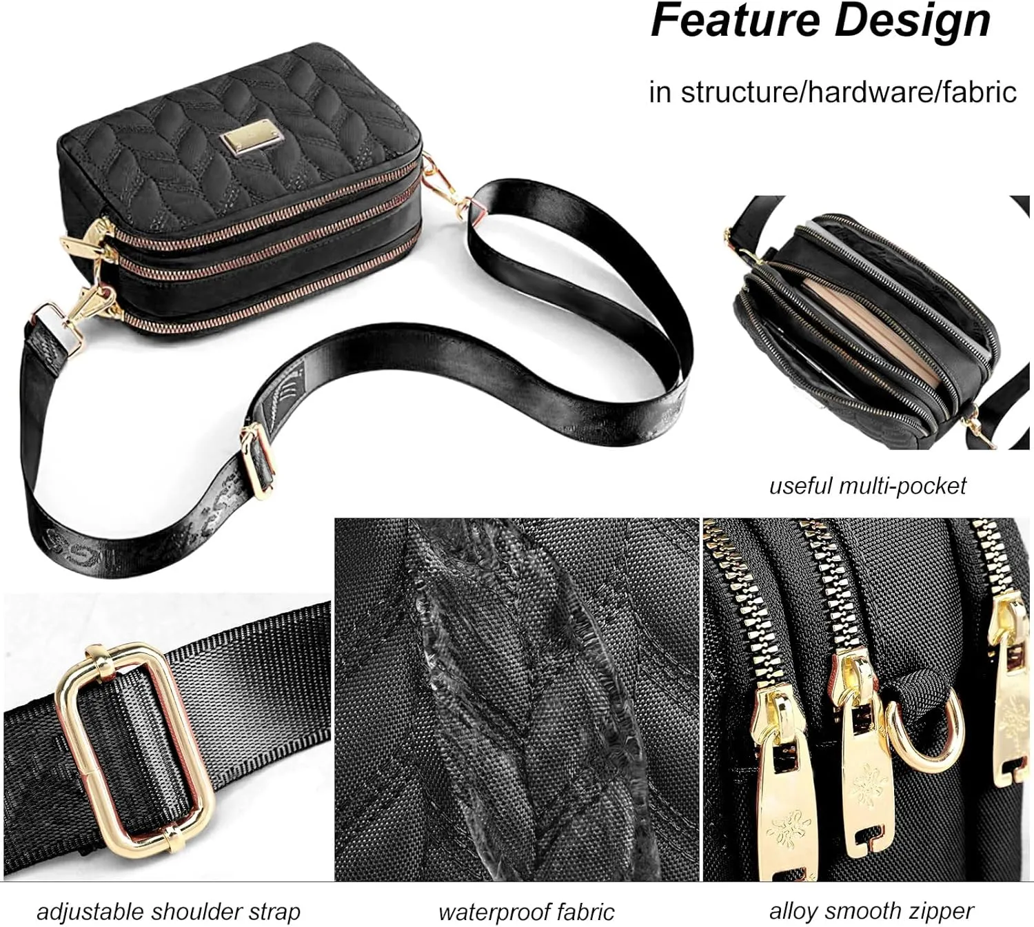 Ladies Girls Crossbody Bag Multi-Pocket Shoulder Bag Waterproof Nylon Handbag Small Cellphone Purse Wallet for Women