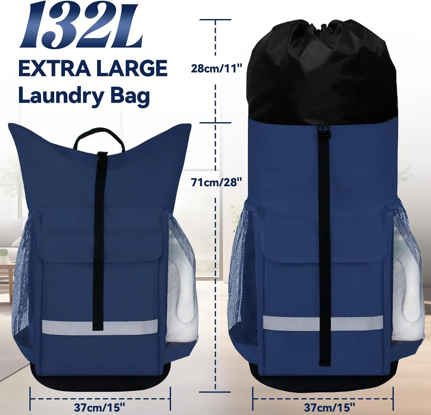 Laundry Bag Backpack, Extra Large Heavy Duty Laundry Backpack with Padded Shoulder Straps Mesh Pocket for College Dorm Essentials Apartment and Laundromat, Travel Beach Camping (Blue)