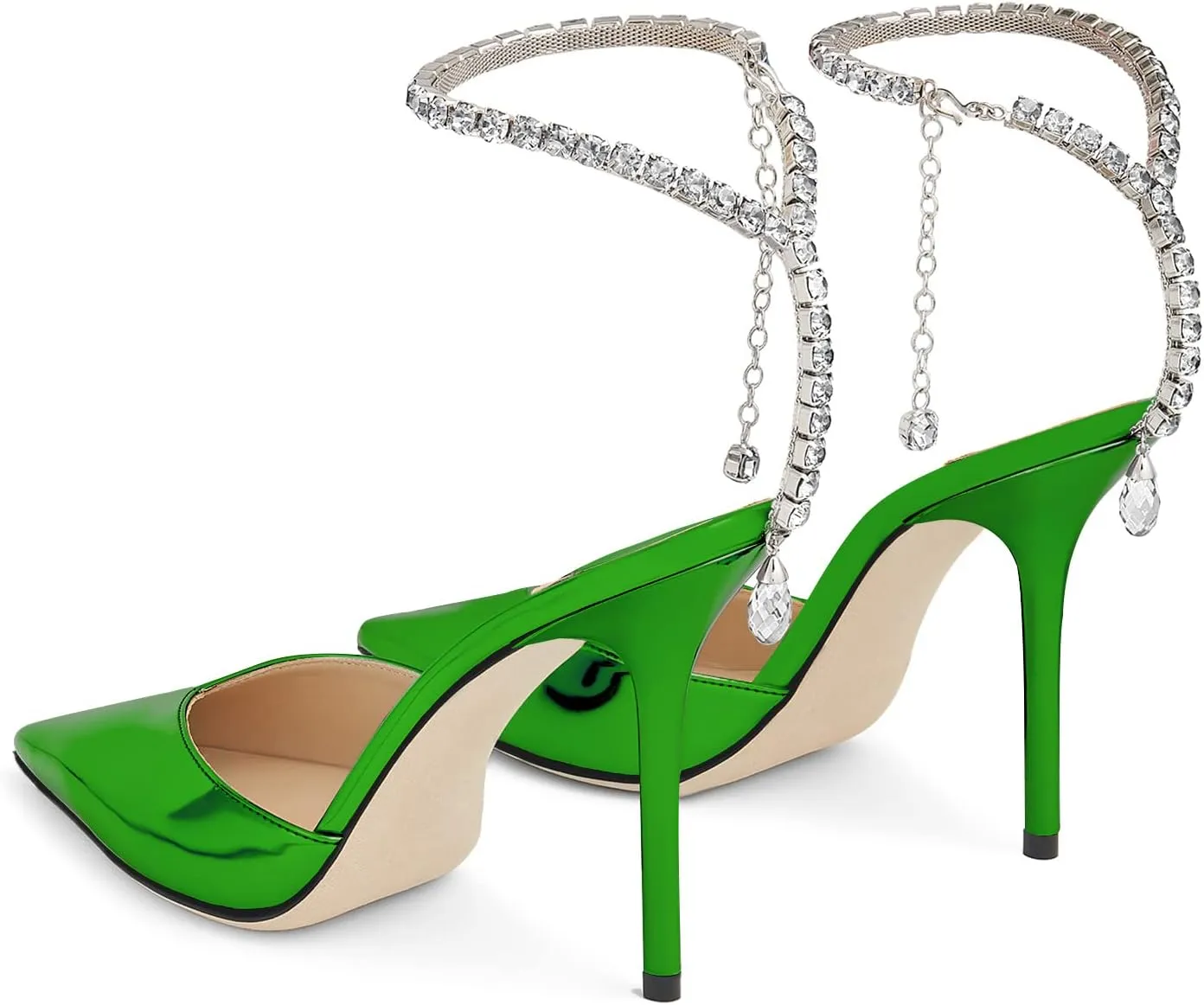 LauraVicci Women's Heeled Sandals Crystal Chain Ankle Straps Rhinestones Embellished Liquid-Metal Leather Stiletto High Heels Slip On Wedding Party Dress Shoes