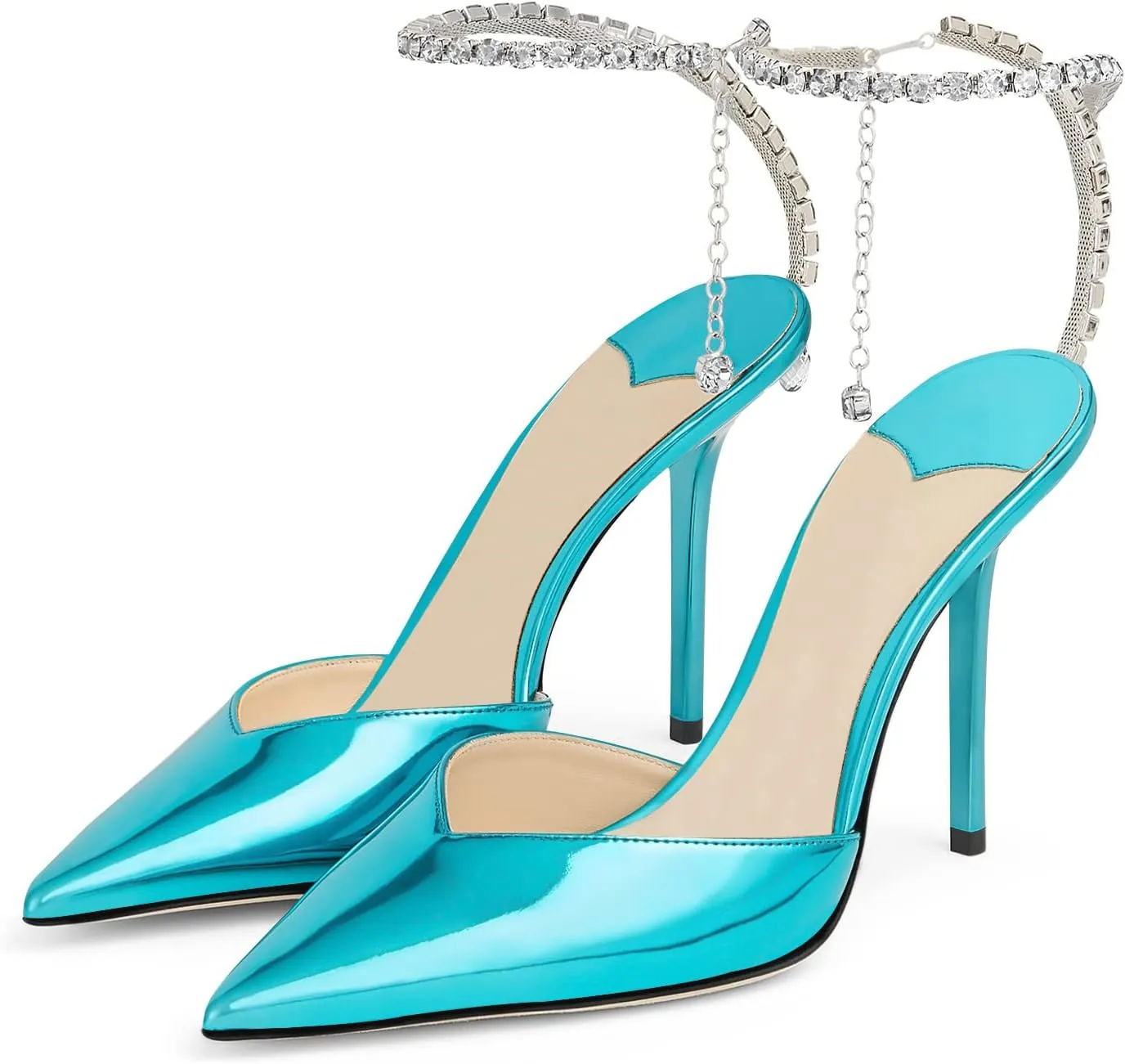 LauraVicci Women's Heeled Sandals Crystal Chain Ankle Straps Rhinestones Embellished Liquid-Metal Leather Stiletto High Heels Slip On Wedding Party Dress Shoes
