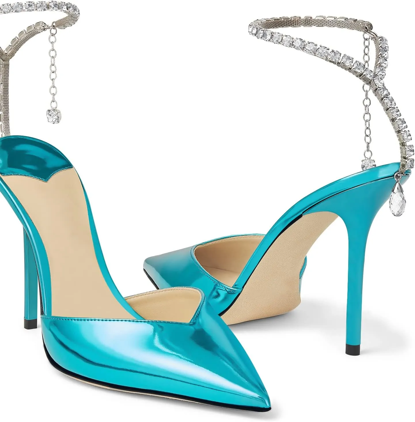 LauraVicci Women's Heeled Sandals Crystal Chain Ankle Straps Rhinestones Embellished Liquid-Metal Leather Stiletto High Heels Slip On Wedding Party Dress Shoes