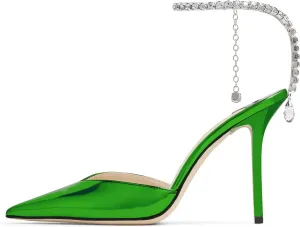 LauraVicci Women's Heeled Sandals Crystal Chain Ankle Straps Rhinestones Embellished Liquid-Metal Leather Stiletto High Heels Slip On Wedding Party Dress Shoes