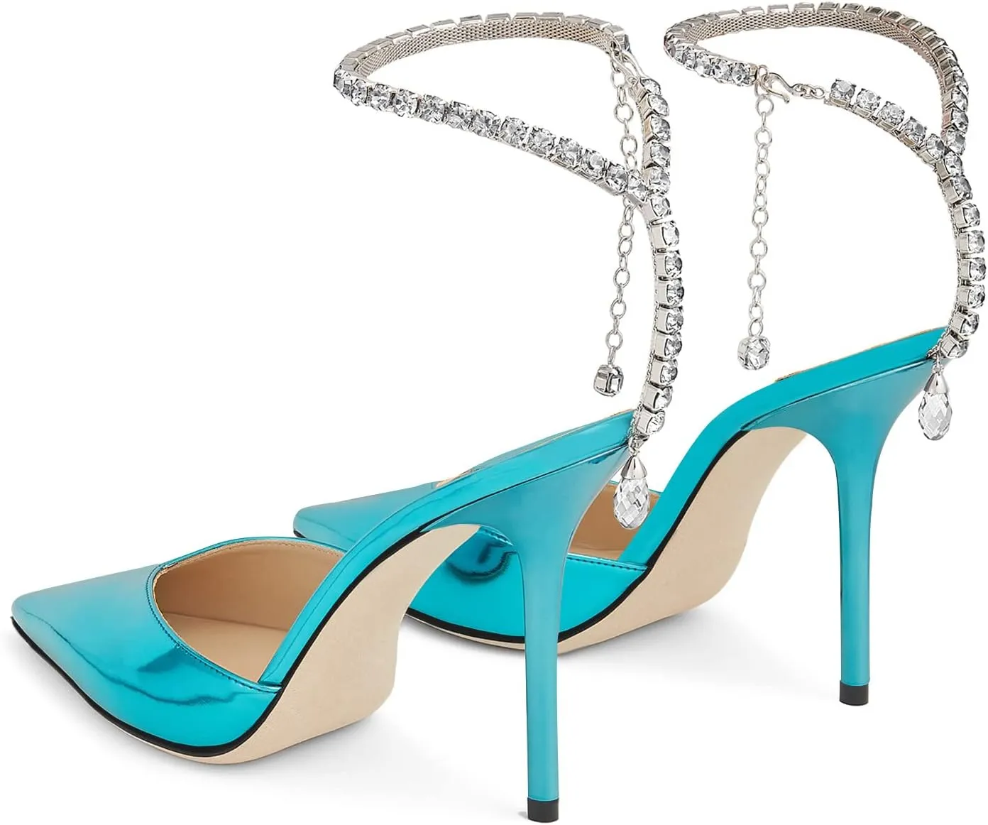 LauraVicci Women's Heeled Sandals Crystal Chain Ankle Straps Rhinestones Embellished Liquid-Metal Leather Stiletto High Heels Slip On Wedding Party Dress Shoes