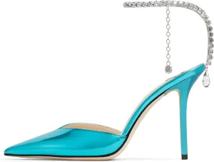 LauraVicci Women's Heeled Sandals Crystal Chain Ankle Straps Rhinestones Embellished Liquid-Metal Leather Stiletto High Heels Slip On Wedding Party Dress Shoes