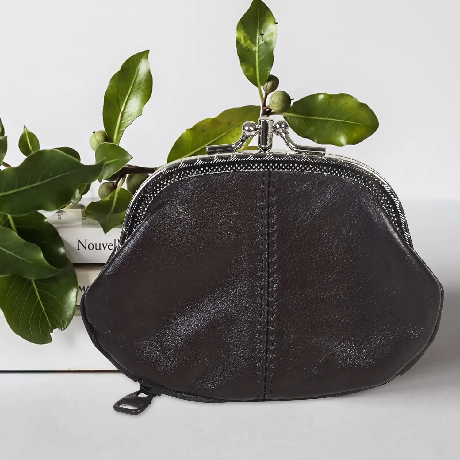 LeatherBoss Coin Purse Double Frame With Zipper Pocket (Brown)