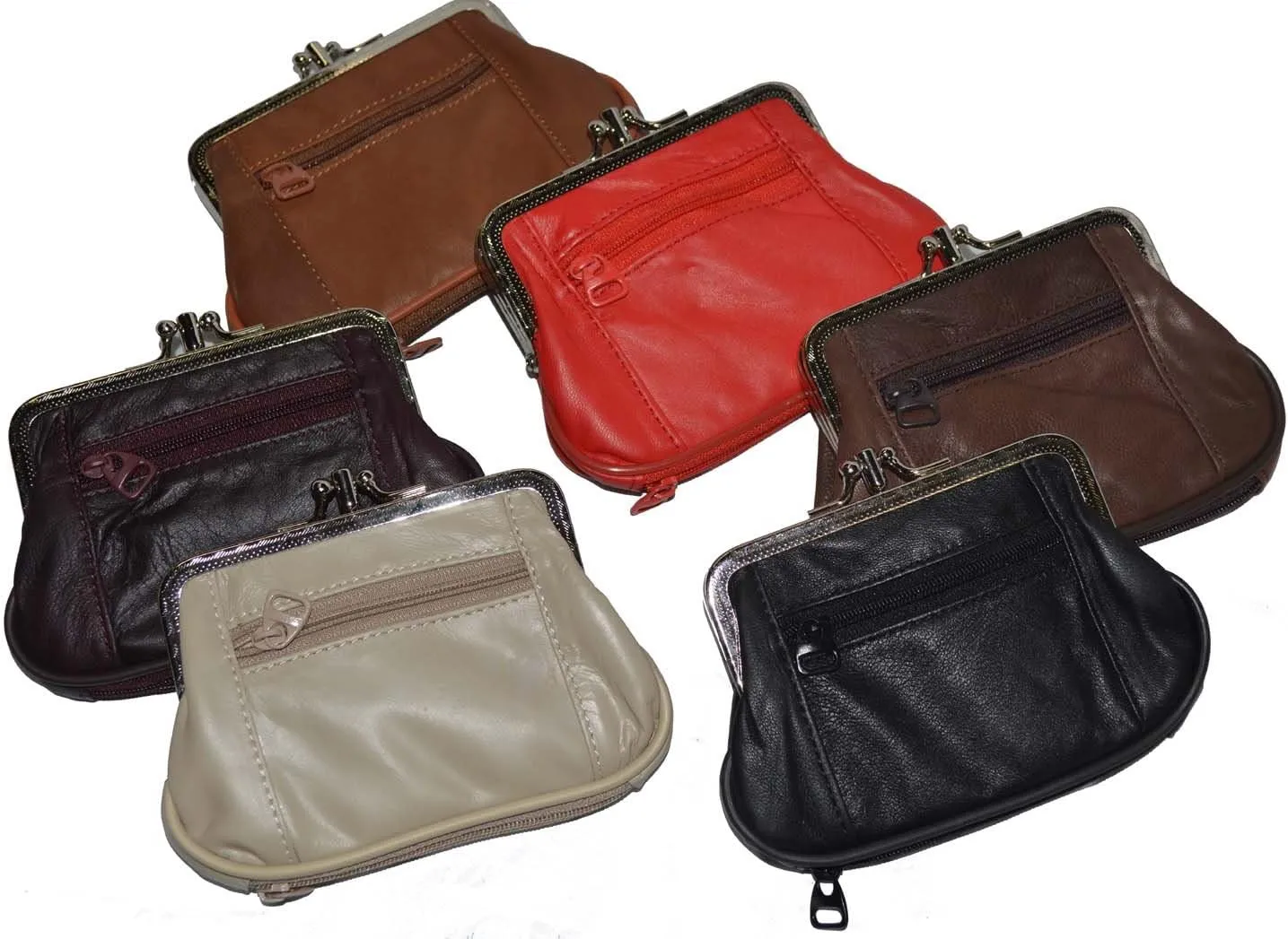 Leatherboss Genuine Leather Double Frame Coin Purse Wallet with Zipper Pocket