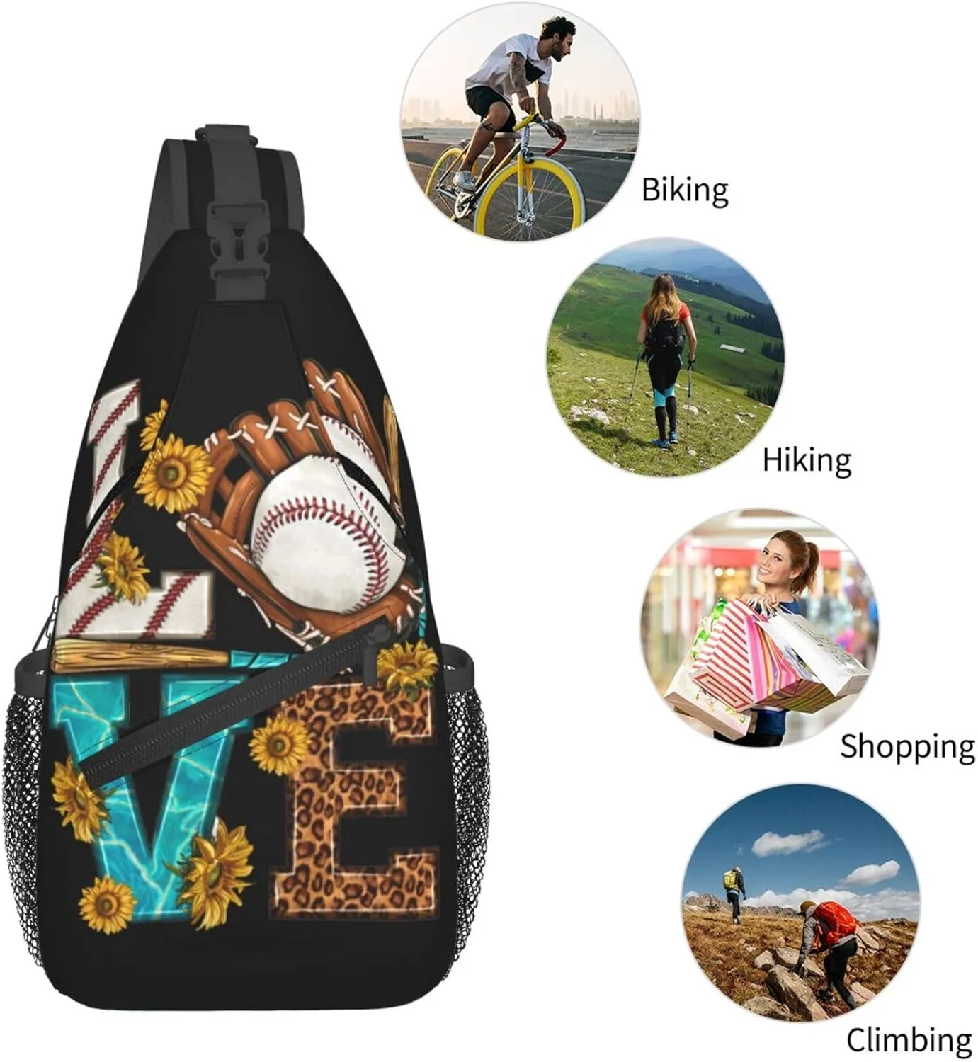 Leopard Print Love Baseball Sunflower Chest Bags Crossbody Sling Bag Shoulder Bag Travel Hiking Daypack For Men Women