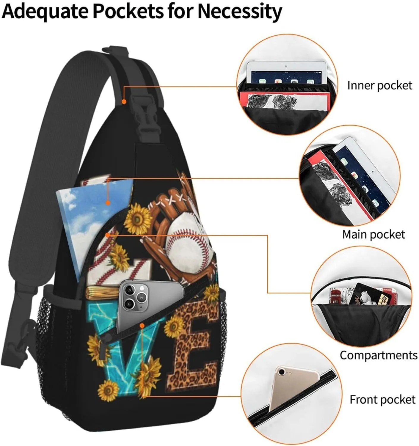 Leopard Print Love Baseball Sunflower Chest Bags Crossbody Sling Bag Shoulder Bag Travel Hiking Daypack For Men Women