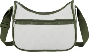 LeSportsac Wavy Deboss Off-White Classic Hobo Crossbody Bag   Cosmetic Bag, Style 7520/Color E912, Unique Quilted Wavy Debossed Interpretative Flower Specialty Pattern, Off-White & Avocado Green