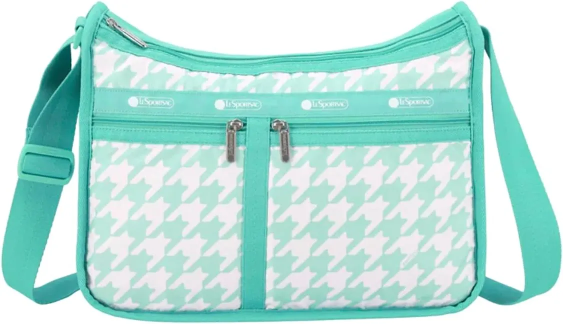 LeSportsac Willow Check Deluxe Everyday Crossbody Bag   Cosmetic Bag, Style 7507/Color E880, Delicate Mint Green & Crisp White Interpretive Large Format Houndstooth Check, Light Teal Trim