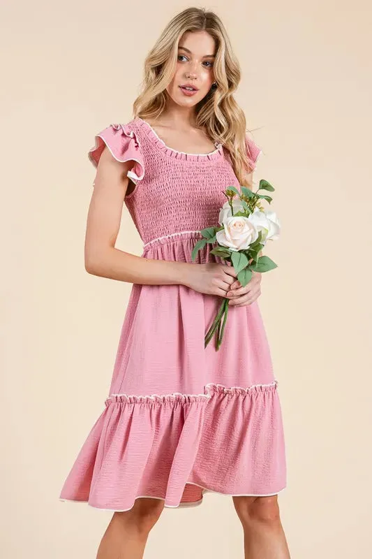 Lime 'N' Chili Ruffle Trim Smocked Dress with Contrast