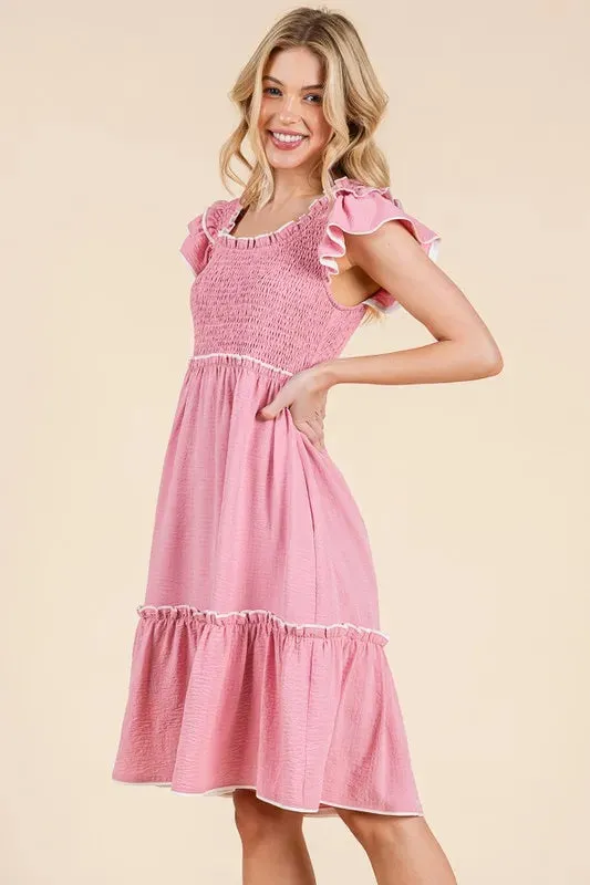 Lime 'N' Chili Ruffle Trim Smocked Dress with Contrast