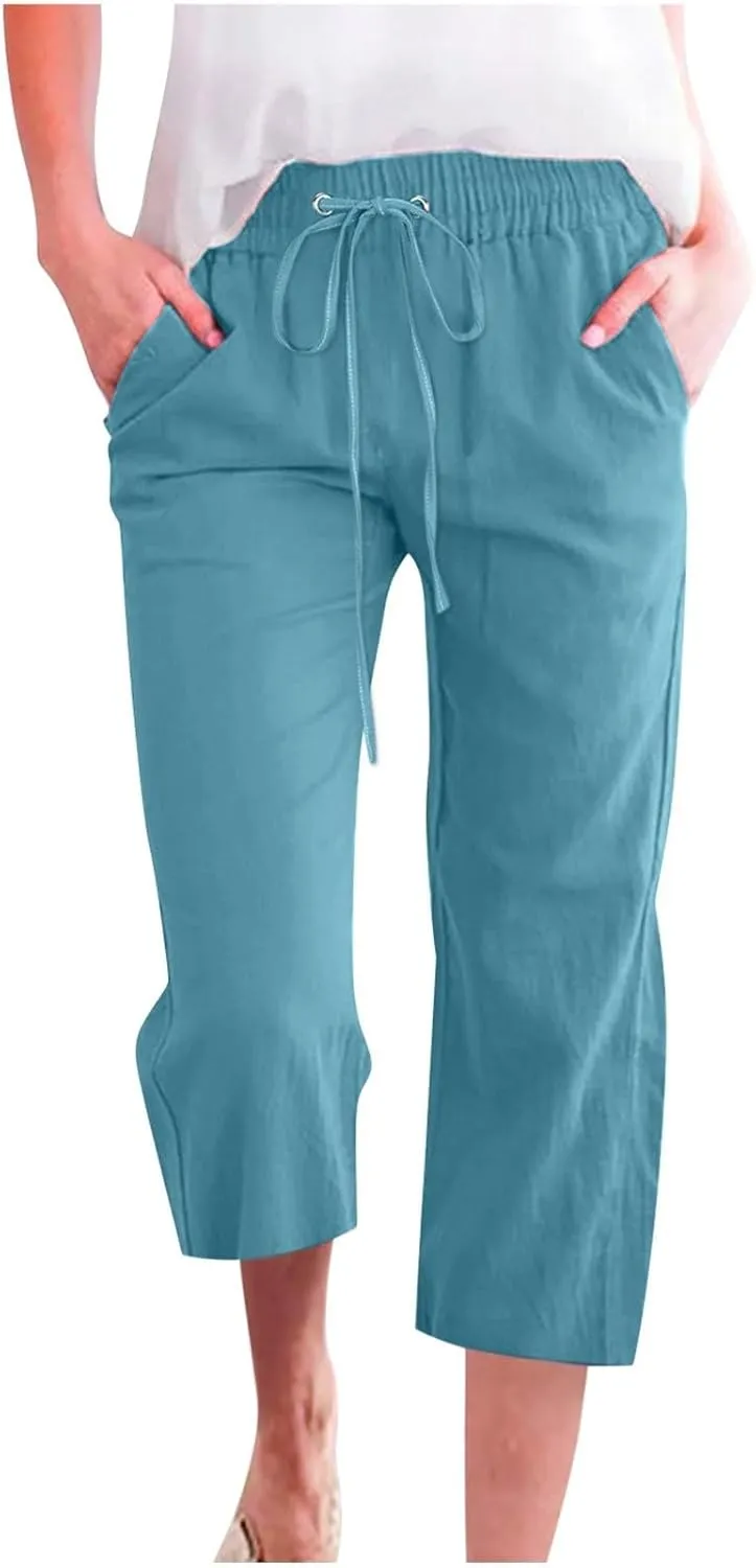 Linen Capri Pants for Women 2025 Summer Cropped Palazzo Pant Drawstring Elastic Waist Trousers Wide Leg Cotton Pants