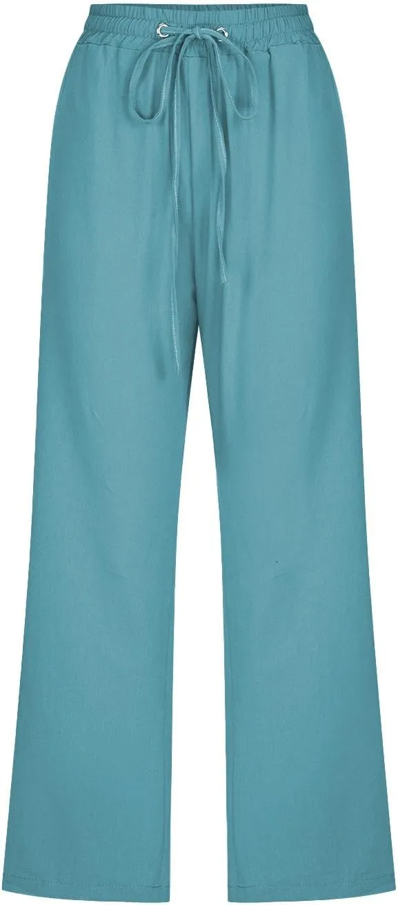 Linen Capri Pants for Women 2025 Summer Cropped Palazzo Pant Drawstring Elastic Waist Trousers Wide Leg Cotton Pants