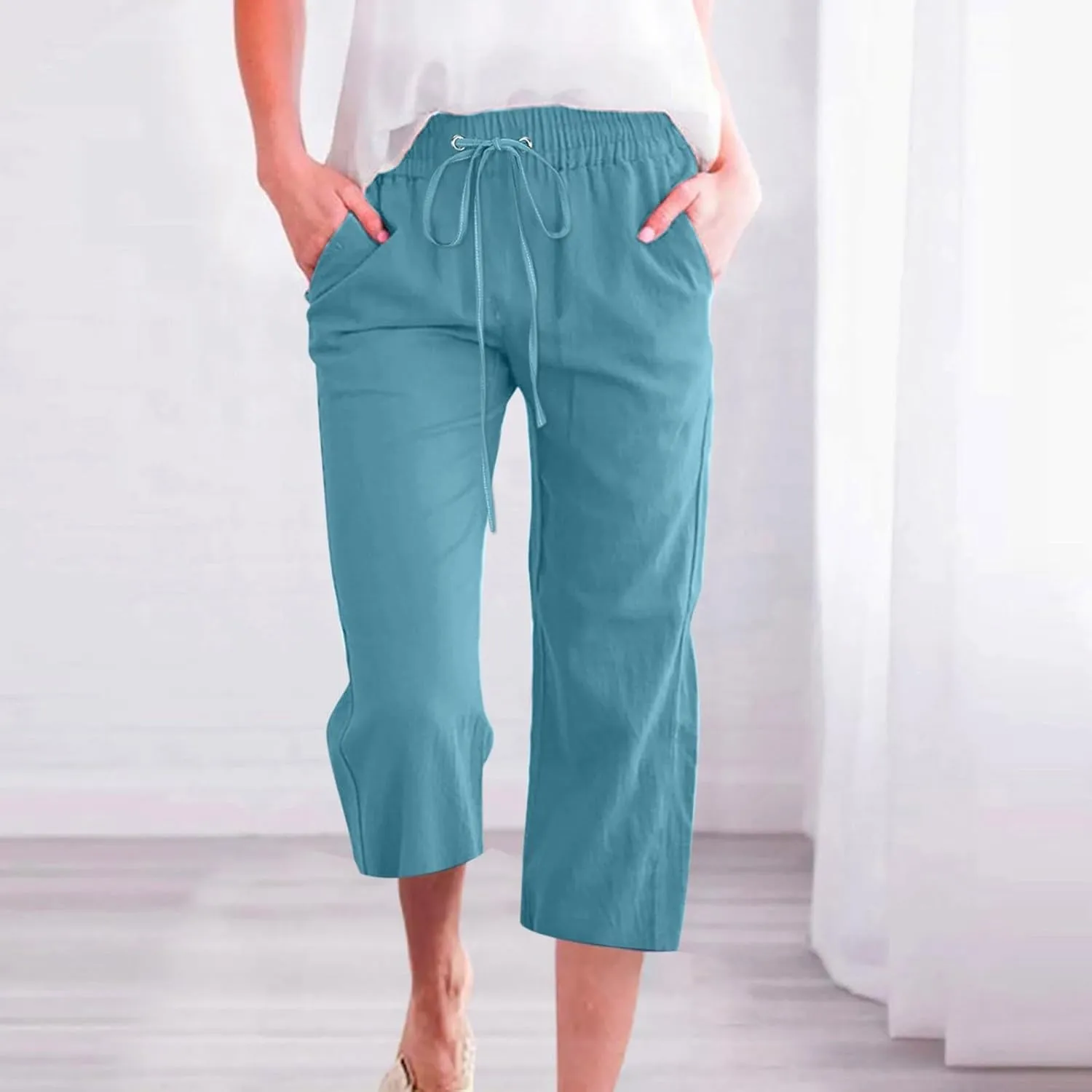 Linen Capri Pants for Women 2025 Summer Cropped Palazzo Pant Drawstring Elastic Waist Trousers Wide Leg Cotton Pants
