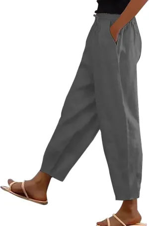 Linen Pants for Women 2025 Summer Casual Elastic High Waisted Lounge Pant Lightweight Straight Leg Pocketed Trousers