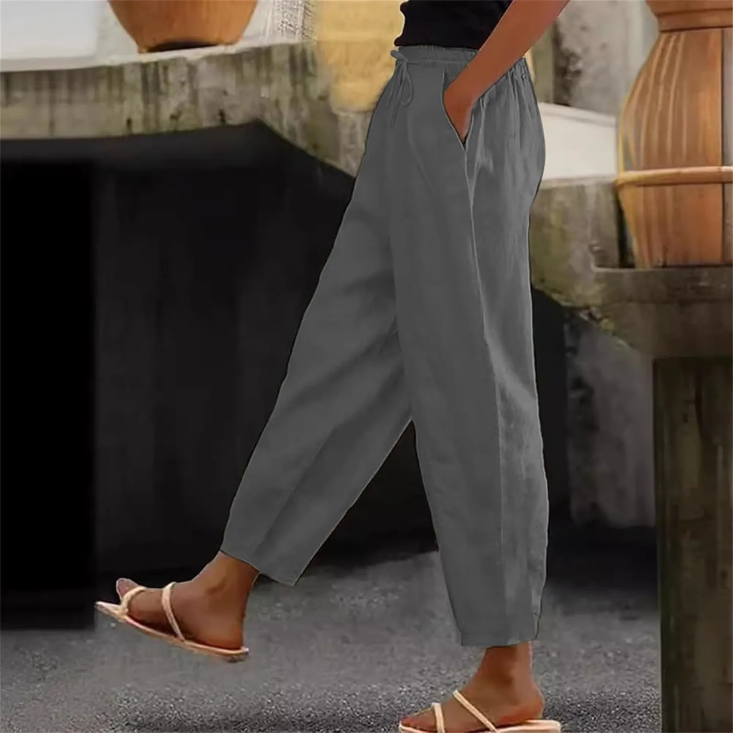 Linen Pants for Women 2025 Summer Casual Elastic High Waisted Lounge Pant Lightweight Straight Leg Pocketed Trousers