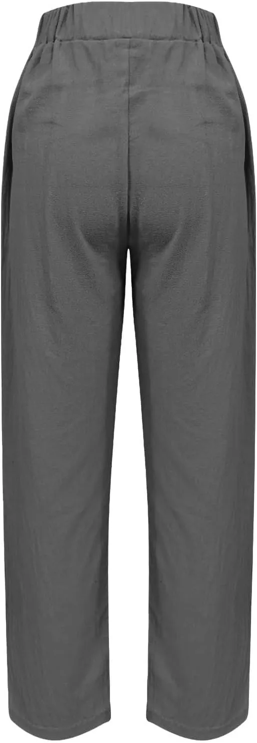 Linen Pants for Women 2025 Summer Casual Elastic High Waisted Lounge Pant Lightweight Straight Leg Pocketed Trousers