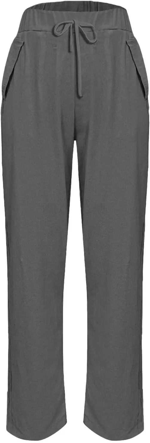 Linen Pants for Women 2025 Summer Casual Elastic High Waisted Lounge Pant Lightweight Straight Leg Pocketed Trousers
