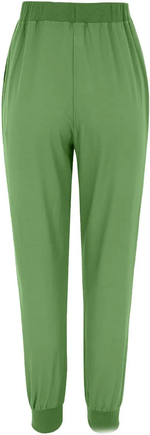 Linen Pants for Women Summer Casual Tapered Leg Pants Lightweight Drawstring Elastic Waist Pant Running Joggers Trousers