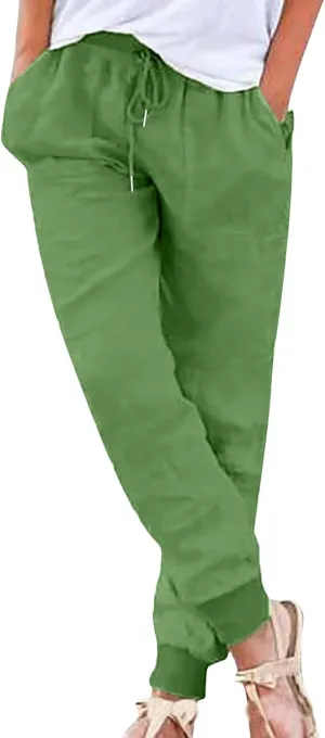 Linen Pants for Women Summer Casual Tapered Leg Pants Lightweight Drawstring Elastic Waist Pant Running Joggers Trousers