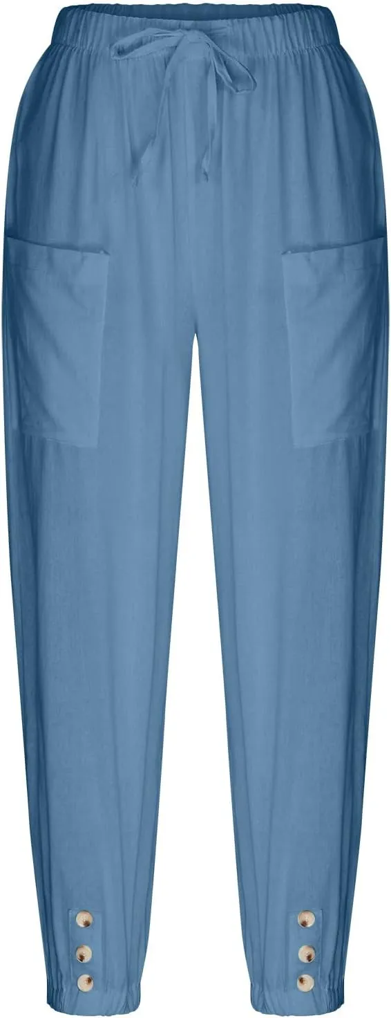 Linen Pants for Women Summer Elastic High Waist Lounge Pant Wide Leg Cropped Trousers Pocketed Beach Vacation Wear