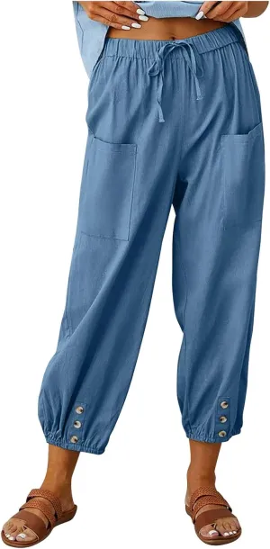 Linen Pants for Women Summer Elastic High Waist Lounge Pant Wide Leg Cropped Trousers Pocketed Beach Vacation Wear