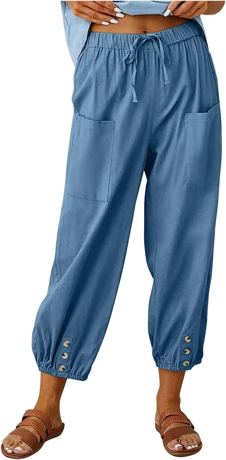 Linen Pants for Women Summer Elastic High Waist Lounge Pant Wide Leg Cropped Trousers Pocketed Beach Vacation Wear