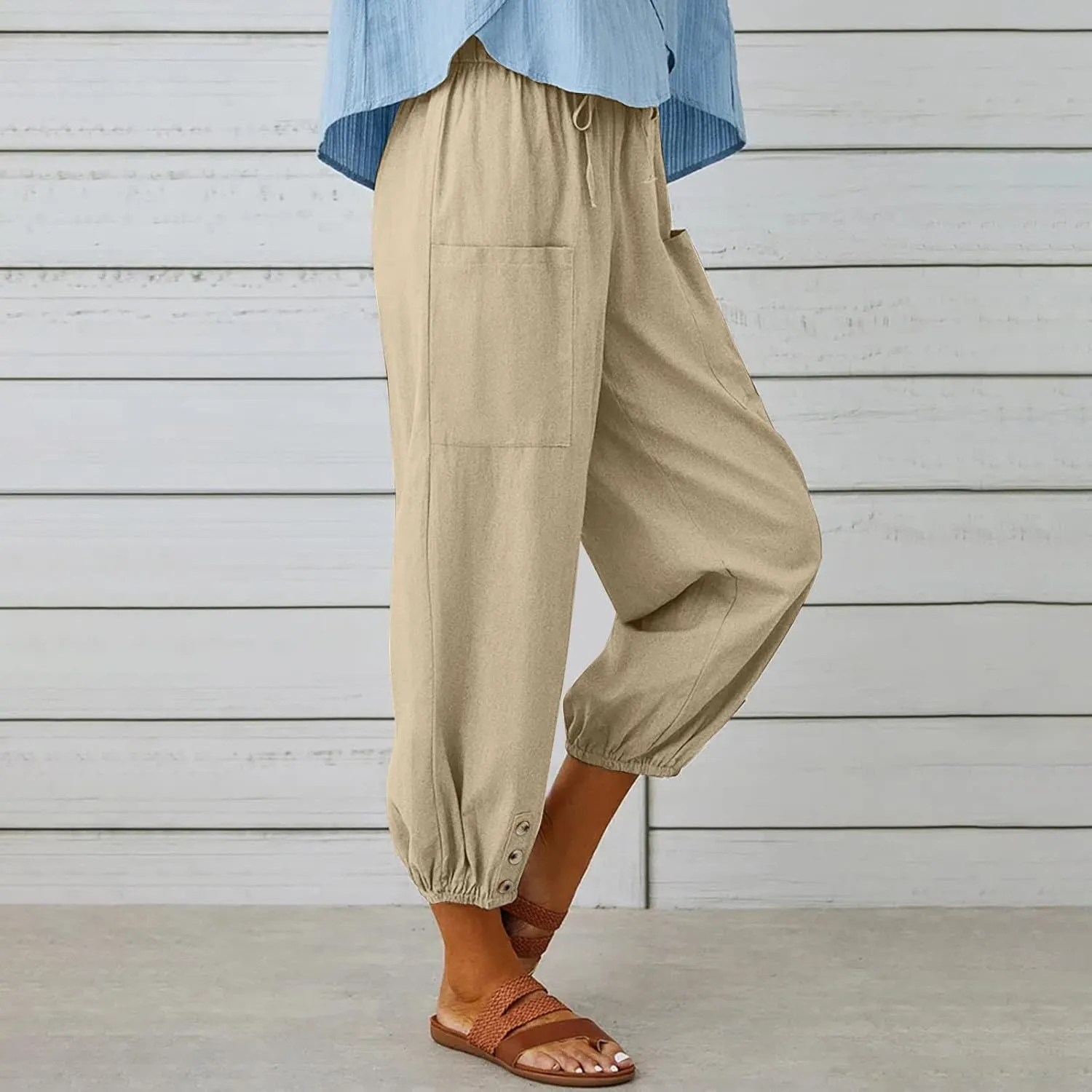 Linen Pants for Women Summer Elastic High Waist Lounge Pant Wide Leg Cropped Trousers Pocketed Beach Vacation Wear