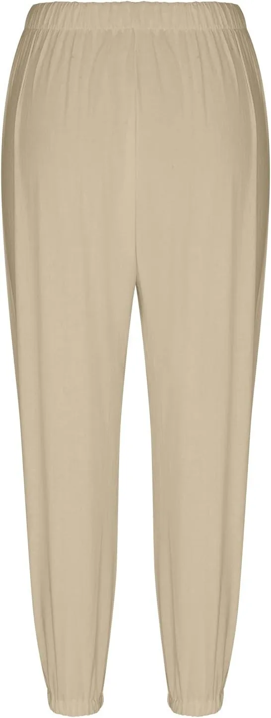Linen Pants for Women Summer Elastic High Waist Lounge Pant Wide Leg Cropped Trousers Pocketed Beach Vacation Wear