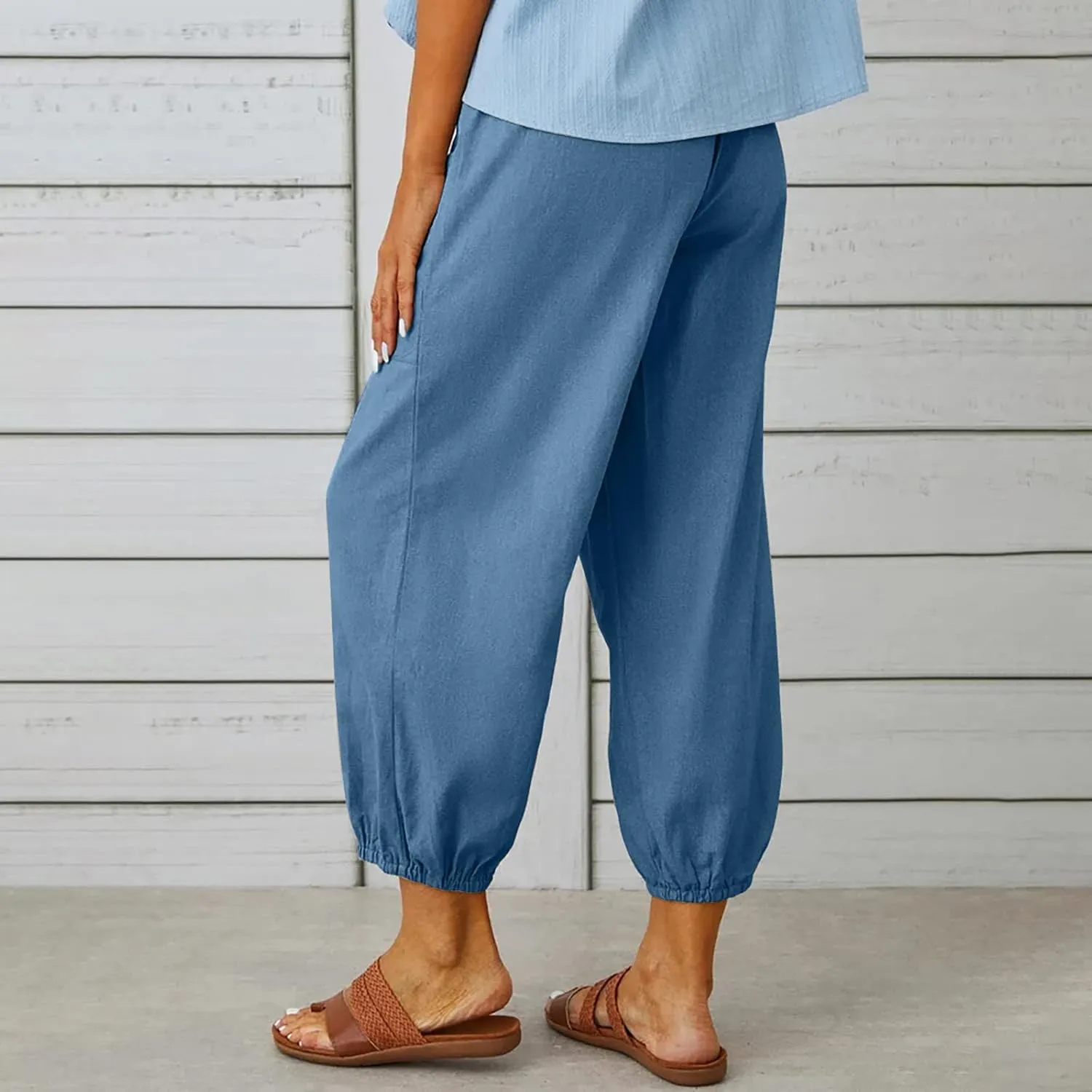 Linen Pants for Women Summer Elastic High Waist Lounge Pant Wide Leg Cropped Trousers Pocketed Beach Vacation Wear
